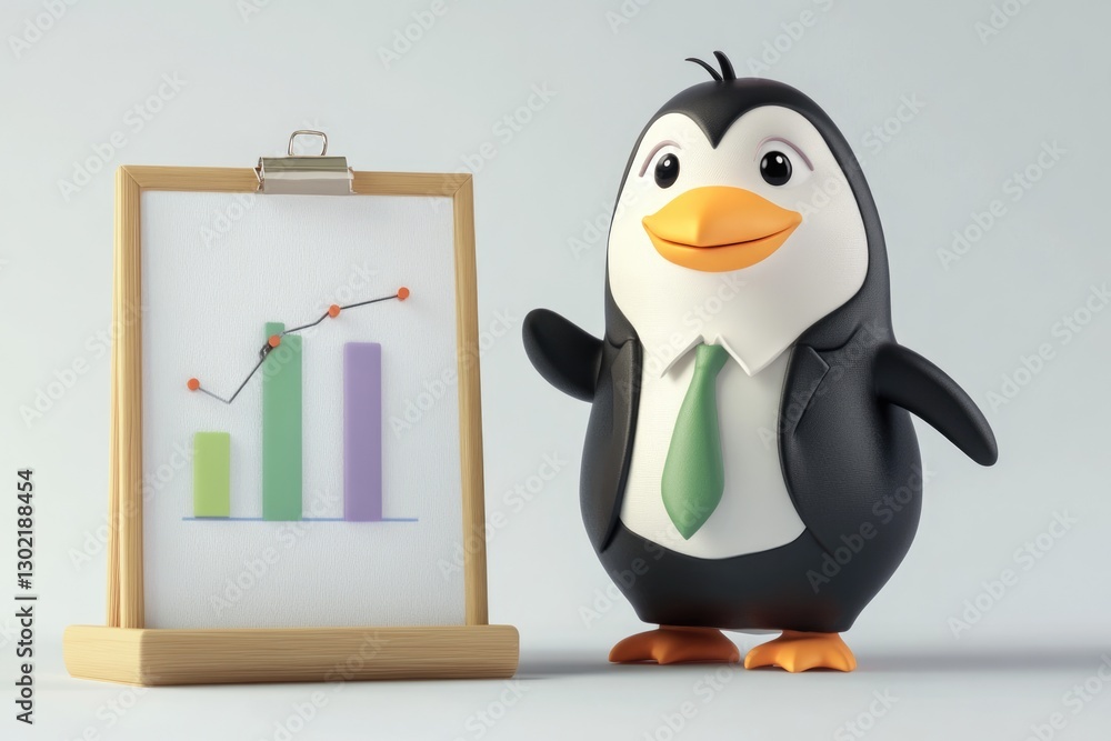 Obraz premium A cute penguin in a suit presents a growth chart, showcasing positive business trends.