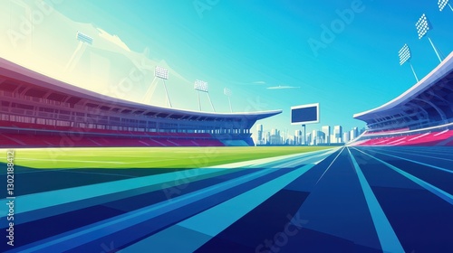 A clean and empty outdoor stadium with a bright sunny sky