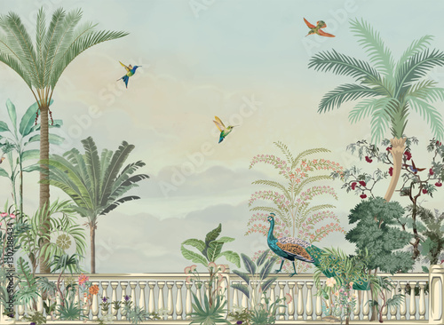 Mughal garden wallpaper, wallpaper mural design, Peacock,birds, watercolor background.