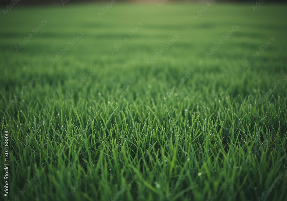 Fototapeta premium Up close, the lush green lawn displays its texture and vitality, with a soft, blurred background suggesting a peaceful outdoor environment