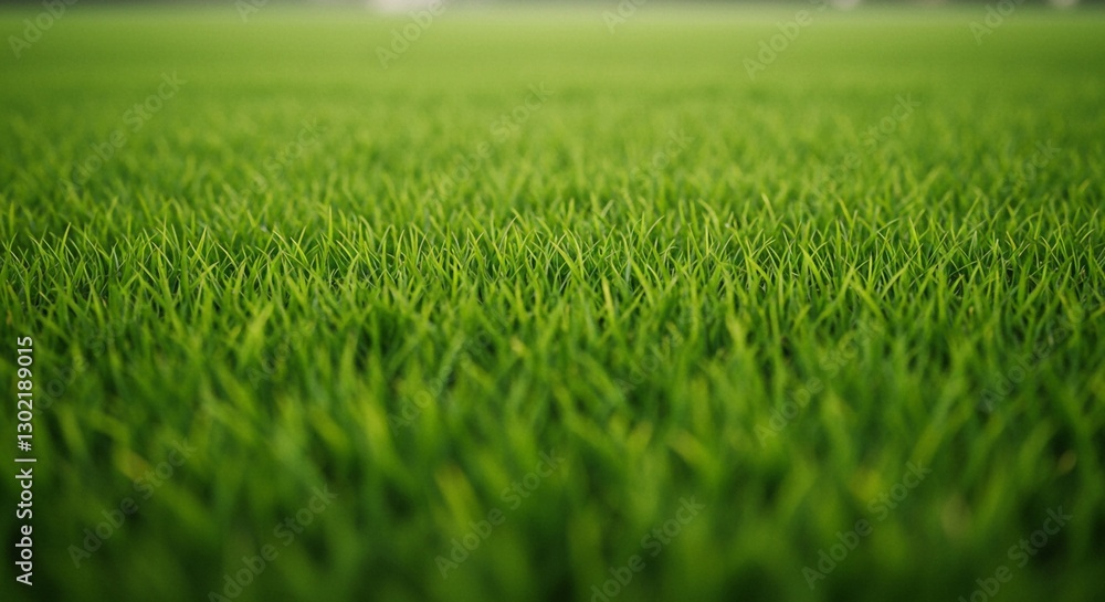 Obraz premium Vibrant green grass in a close-up shot, with a soft, blurred background of trees, highlighting the natural beauty of a well-maintained lawn
