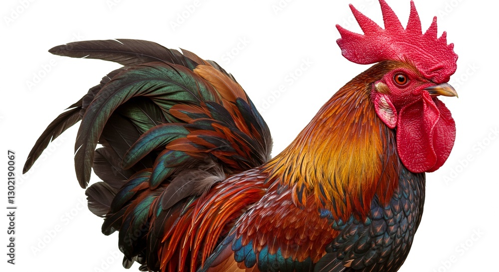 Fototapeta premium Vibrant Rooster Colorful Feathers Farm Animal Detailed Profile Poultry Bird