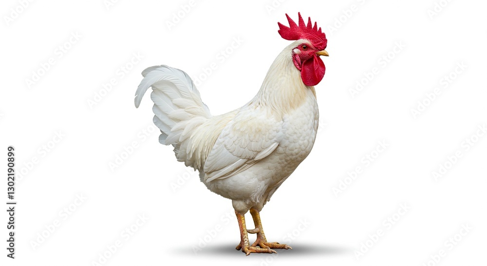 Fototapeta premium Majestic White Rooster Isolated on White Background Farm Animal Poultry Bird