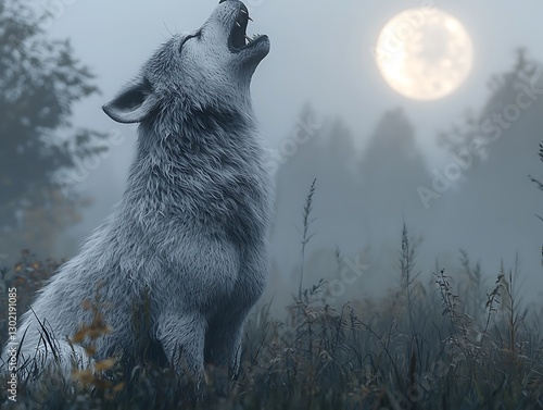 Howling Wolf in Misty Moonlit Forest