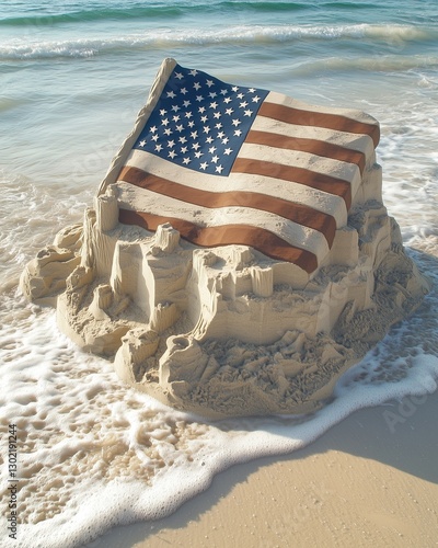 Sandcastle with American flag by the ocean.