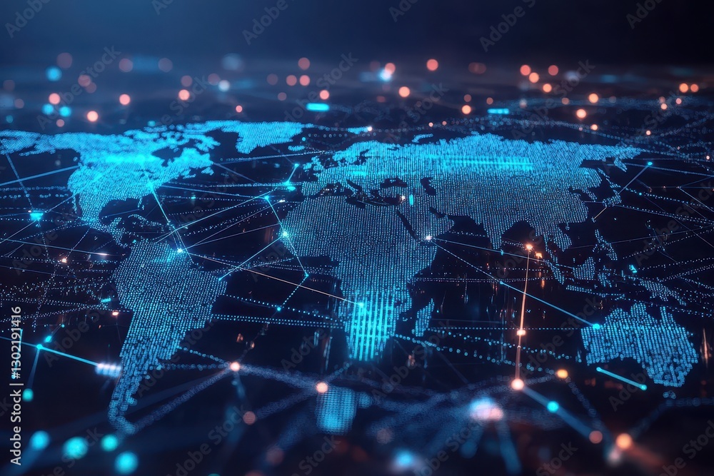 Digital world map displays interconnected network connections globally Digital world map displays interconnected network connections globally