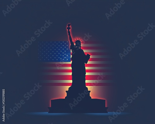 Statue silhouette against American flag backdrop.