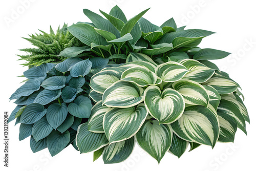 Diverse Hosta leaves in a garden bed setting , green plant isolated on white