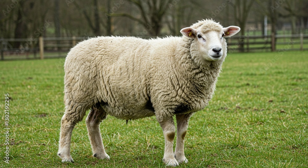 Fluffy Sheep Grazing in a Lush Green Pasture Farm Animal Photography