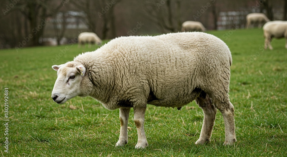 Fluffy Sheep Grazing in Lush Green Pasture Rural Farm Animals Fluffy Sheep Grazing in Lush Green Pasture Rural Farm Animals