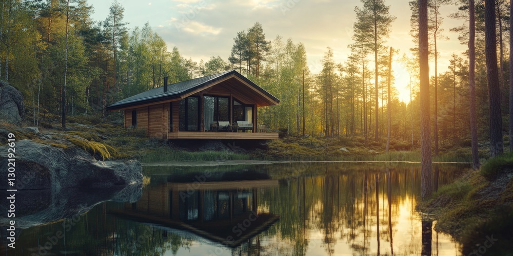 Obraz premium Mountain Lake Cabin