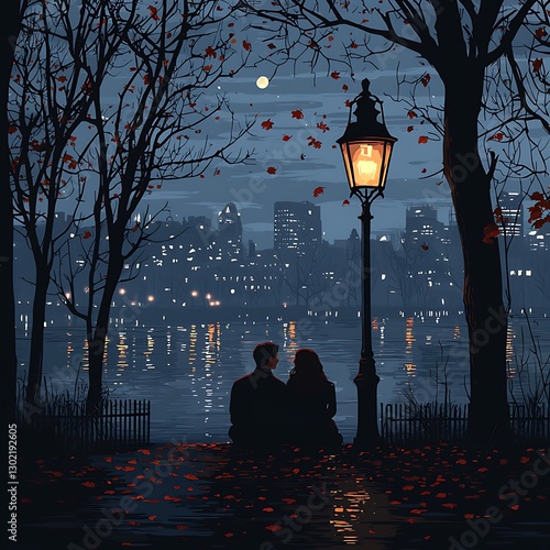 Couple watching city lights by river at night