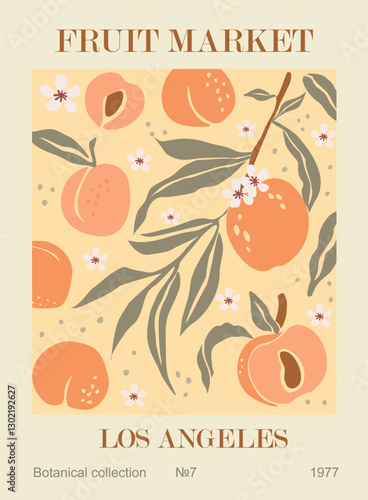 Abstract Fruit Market Los Angeles retro poster. Trendy contemporary wall art with peach design in danish pastel colors. Modern naive groovy funky interior decoration, painting. Vector illustration.