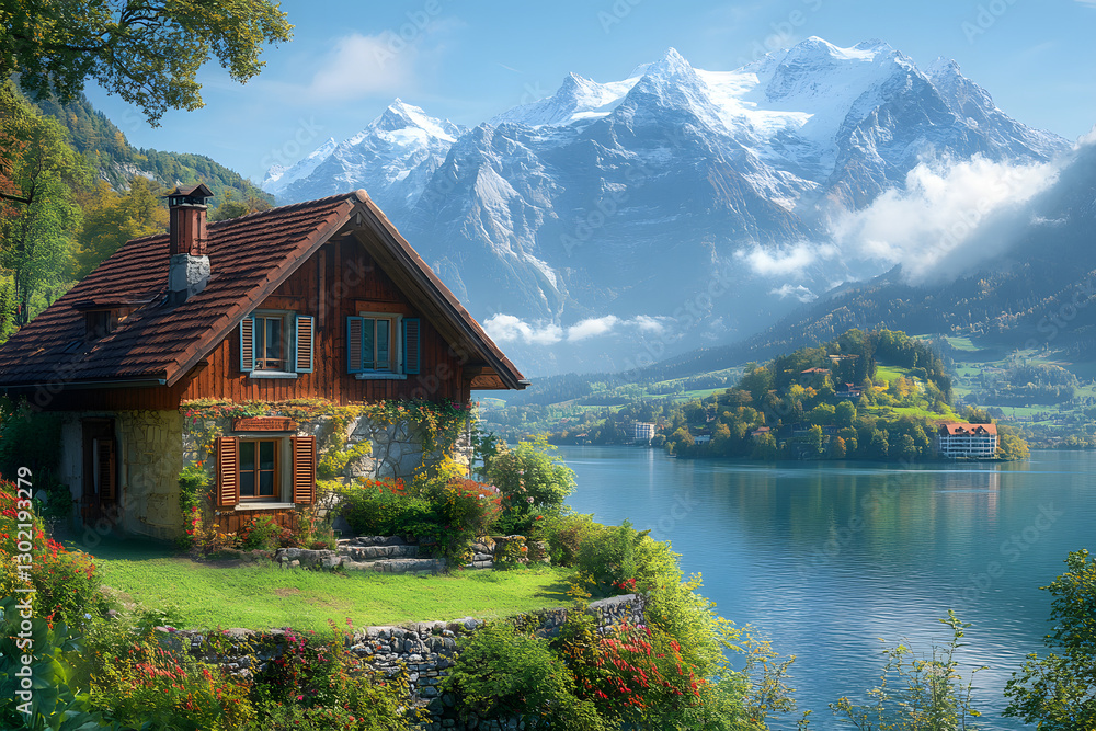 Fototapeta premium Traditionelles Alpenhaus am See mit beeindruckender Bergkulisse und grüner Natur