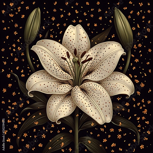 White Lily Blooms, Gold Dust Background
