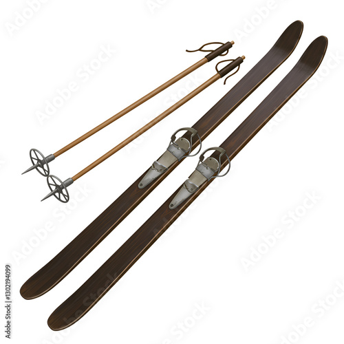Vintage Wooden Skis and Poles Winter Sport Equipment Retro Skiing old snow brown sports design