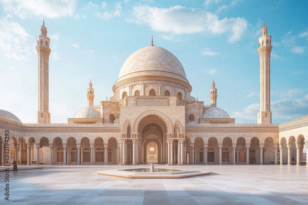Fototapeta premium Majestic mosque courtyard, sunlight, Islamic architecture.