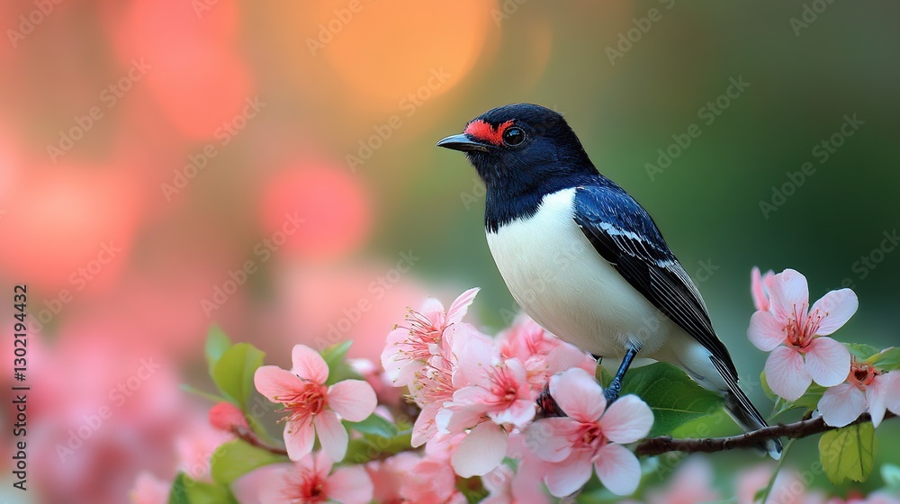 Obraz premium Black and white bird on pink blossoms in soft focus spring background