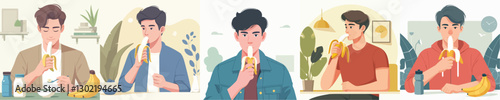 vector of a young man eating a banana