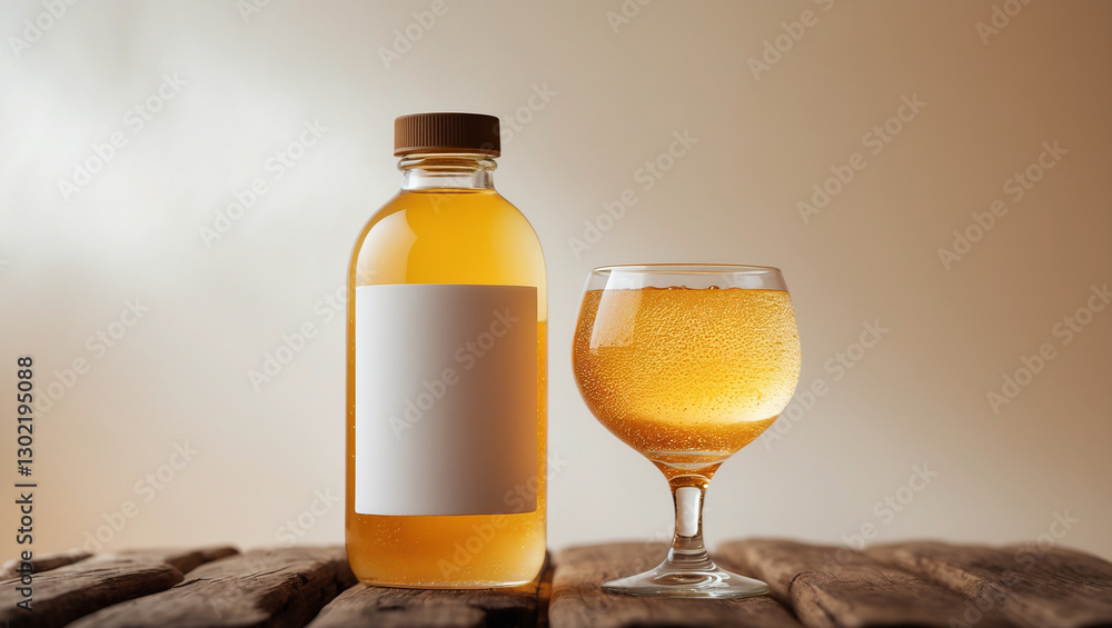 Amber glass bottle with blank label next to a glass of effervescent fermented drink on a rustic wooden surface. Ideal for branding, kombucha, or craft beverage advertising Amber glass bottle with blank label next to a glass of effervescent fermented drink on a rustic wooden surface. Ideal for branding, kombucha, or craft beverage advertising