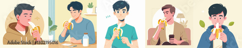 vector of a young man eating a banana