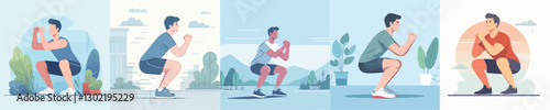 young man vector doing squat jump