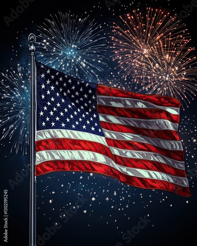 American flag with fireworks in background.