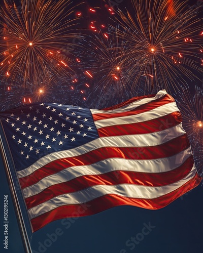 American flag with vibrant fireworks backdrop.