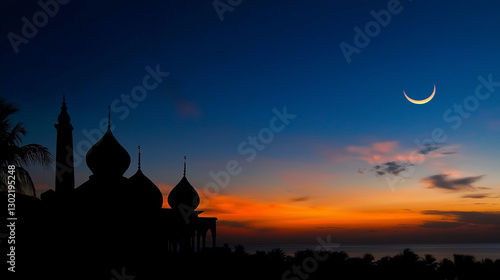 Islamic, Silhouette mosques on dusk sky twilight with crescent moon over mountain, religion of Islam and free space for text Ramadan Kareem, Eid Al Fitr, Eid Al Adha, Eid Mubarak, Muharram, Maulid