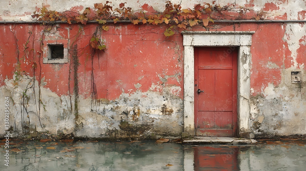 Naklejka premium Striking red door set against a textured wall adding bold character and unique charm to the architectural design