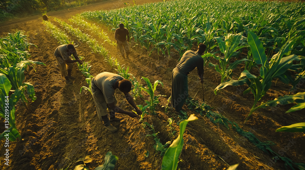 Naklejka premium Farmers working in green cornfield at sunrise