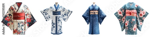 Collection of Traditional Japanese Kimono with Elegant Floral Patterns and Vibrant Obi Belt Isolated on Transparent Background