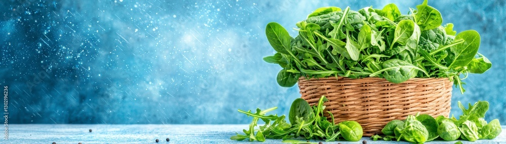 Fresh Spinach and Arugula in a Wicker Basket Fresh Spinach and Arugula in a Wicker Basket
