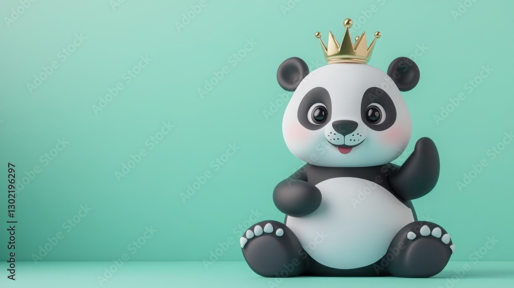 Adorable 3D cartoon panda with a tiny crown, sitting happily against a pastel green background Adorable 3D cartoon panda with a tiny crown, sitting happily against a pastel green background