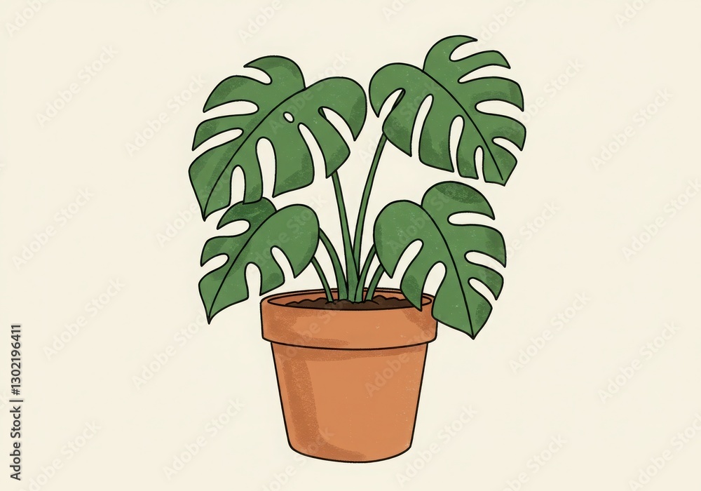 Fototapeta premium Hand-drawn illustration of a potted Monstera plant with large green leaves in a terracotta pot