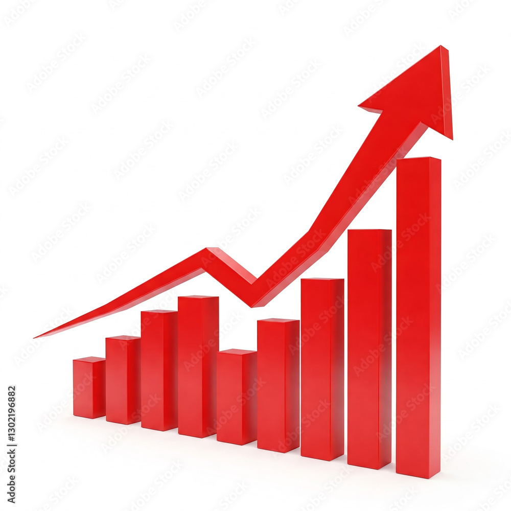 business graph with red arrow. Red upward arrow graph showing rising trend on white background. business graph with red arrow. Red upward arrow graph showing rising trend on white background.