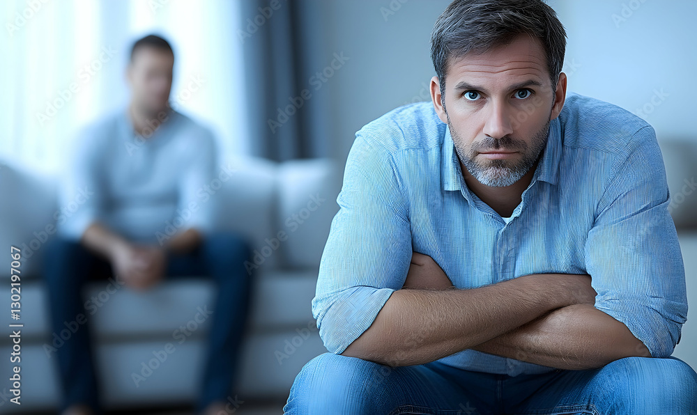 Fototapeta premium Contemplative man with piercing gaze sitting with friend in background