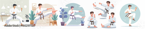 vector of a young man practicing karate
