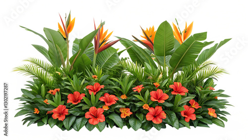 Colorful exotic flower bed with lush tropical blooms photo