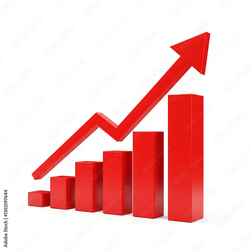business graph with red arrow. Red upward arrow graph showing rising trend on white background.