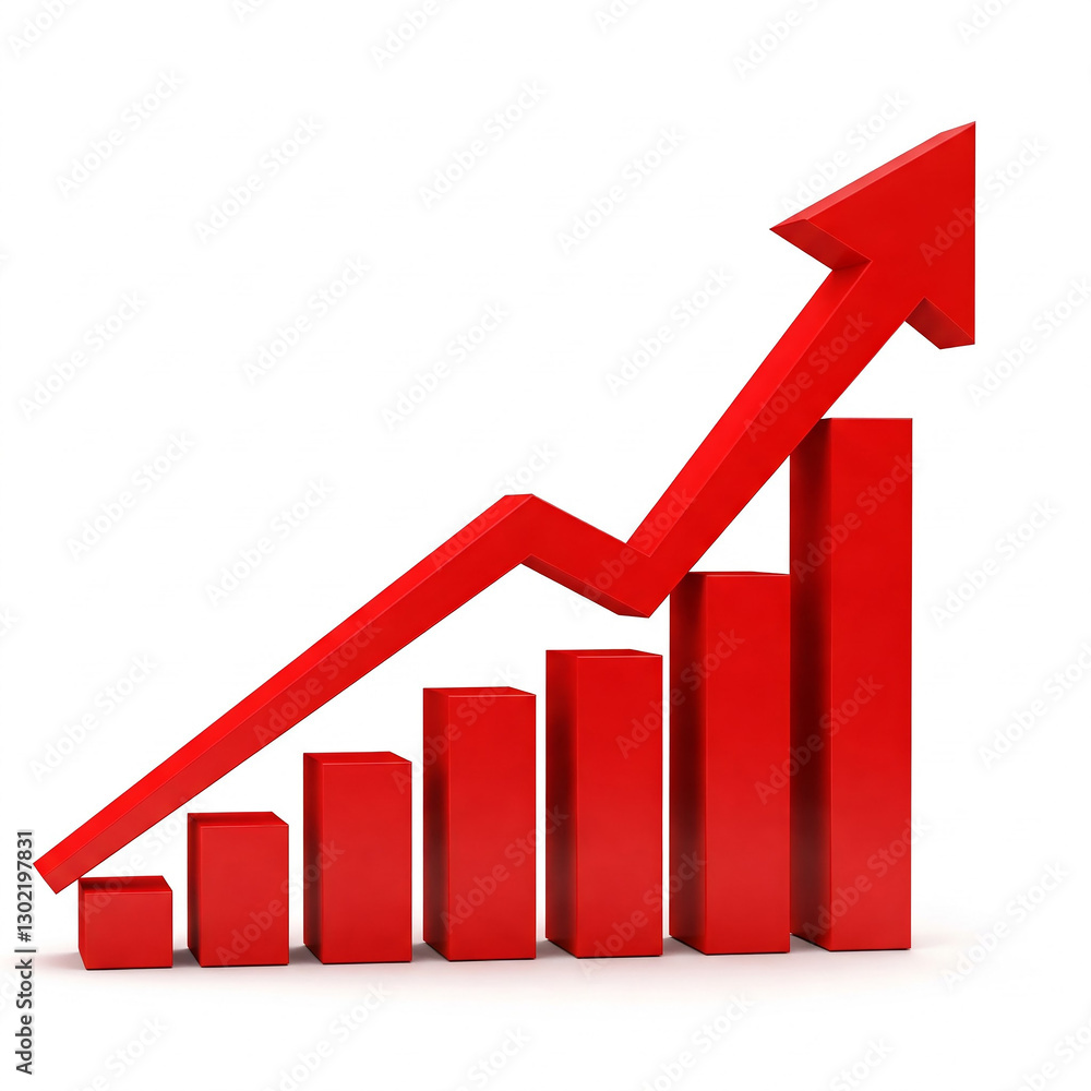 business graph with red arrow. Red upward arrow graph showing rising trend on white background. business graph with red arrow. Red upward arrow graph showing rising trend on white background.
