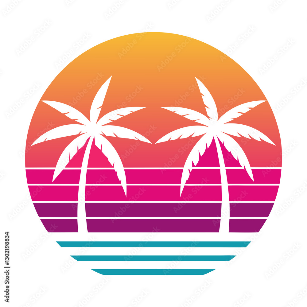 Obraz premium Sunset Paradise Retro Palm Silhouette Vector Illustration