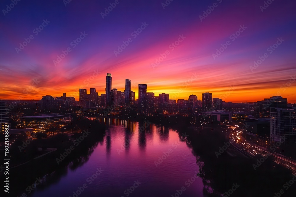Naklejka premium dramatic aerial perspective of illuminated urban skyline at golden hour, with skyscrapers silhouetted against vibrant orange-purple sky, reflecting in river below as city lights begin to twinkle