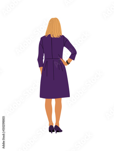 Blond Business woman Standing Back View. Pretty Female Character Wearing formal office outfit, dark purple dress Rear View. Vector illustration Isolated