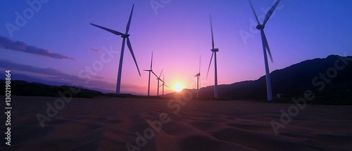 Wind turbines in desert landscape at sunset.
