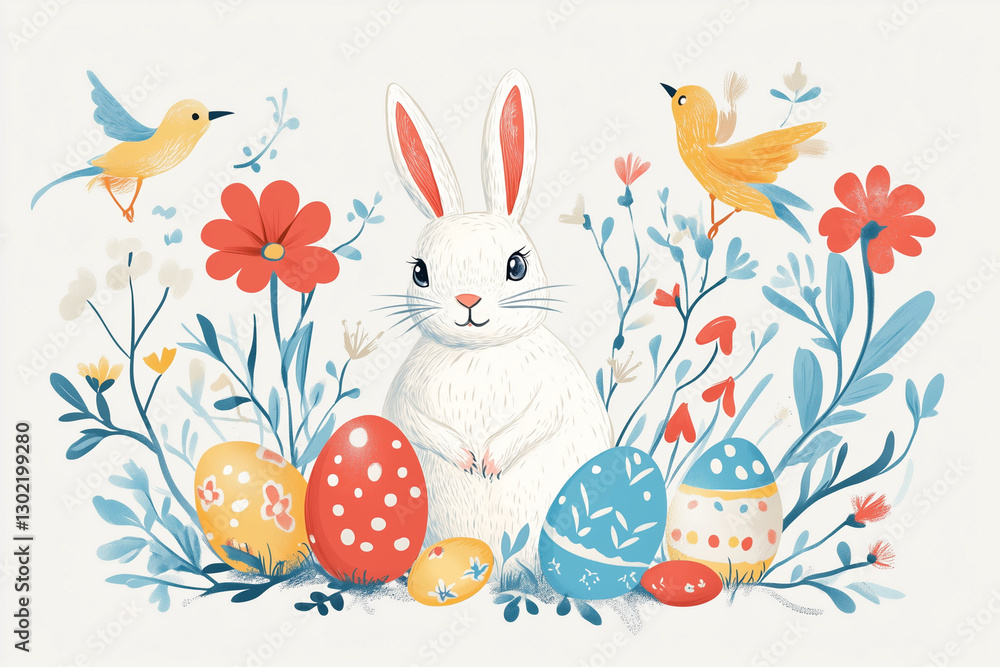rabbit is sitting in a field of flowers and eggs. The rabbit is surrounded by a variety of colorful flowers and eggs, creating a cheerful and playful atmosphere rabbit is sitting in a field of flowers and eggs. The rabbit is surrounded by a variety of colorful flowers and eggs, creating a cheerful and playful atmosphere