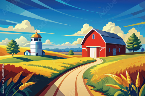 Scenic Farm Road with Barn and Windmill vector illustration
A small dirt road leads to the barn, with a wooden fence lining the fields. The sky is bright blue with a few fluffy white clouds, and a win