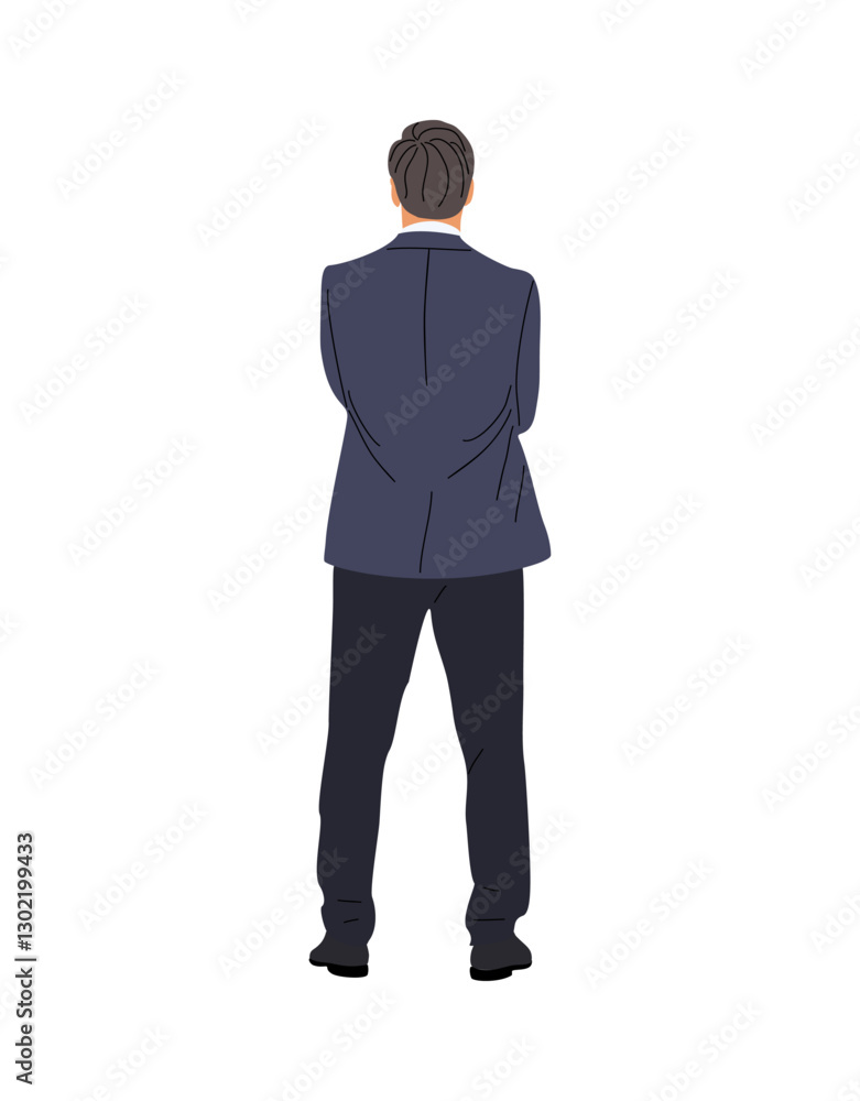Young business man Standing Back View. Cartoon male Character Wearing formal office outfit, suit rear View. Vector illustration Isolated Young business man Standing Back View. Cartoon male Character Wearing formal office outfit, suit rear View. Vector illustration Isolated