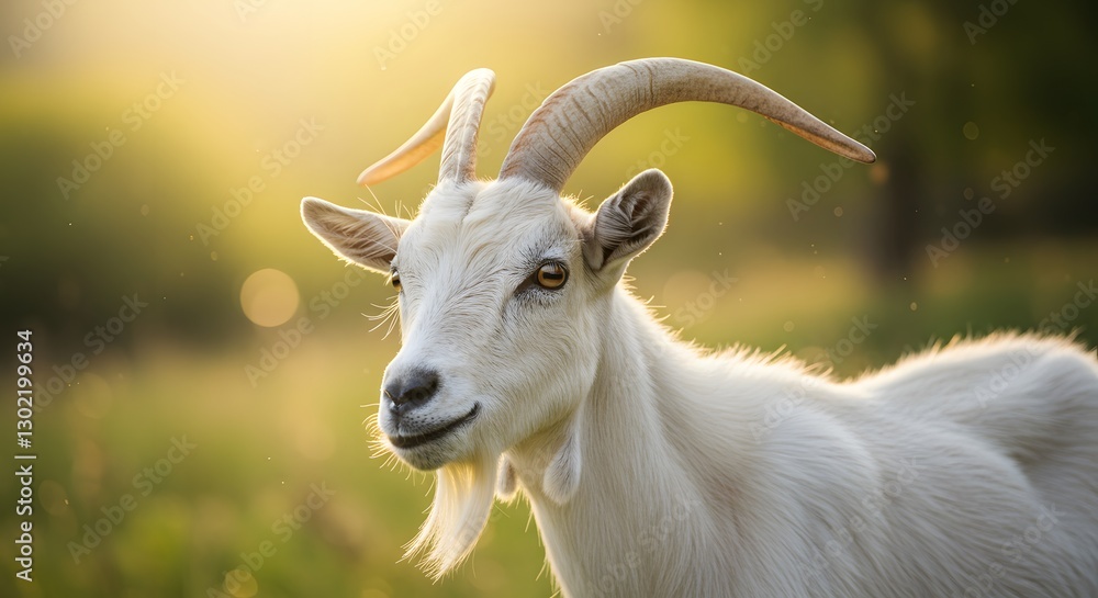 Detailed Portrait of a White Goat in Sunlit Rural Meadow Detailed Portrait of a White Goat in Sunlit Rural Meadow