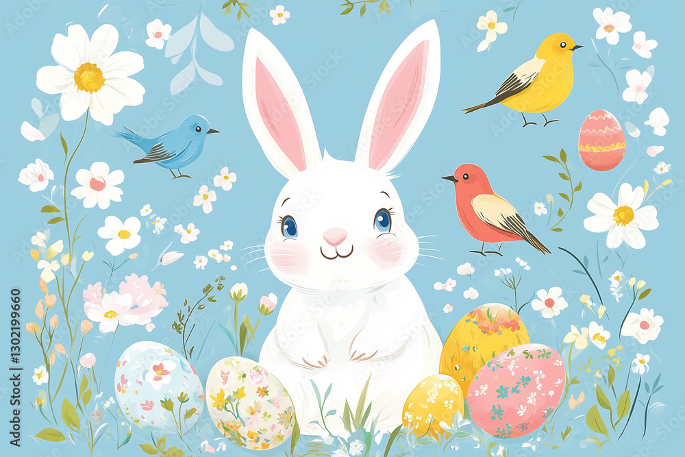cartoon rabbit is sitting on a field of flowers and eggs. The rabbit is smiling and surrounded by birds. The image has a cheerful and playful mood cartoon rabbit is sitting on a field of flowers and eggs. The rabbit is smiling and surrounded by birds. The image has a cheerful and playful mood